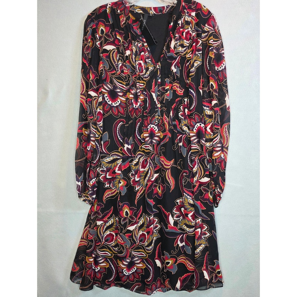 Chiasso Mini Dress Women Black Multi Paisley Floral V-Neck Long Sleeve Size 10
